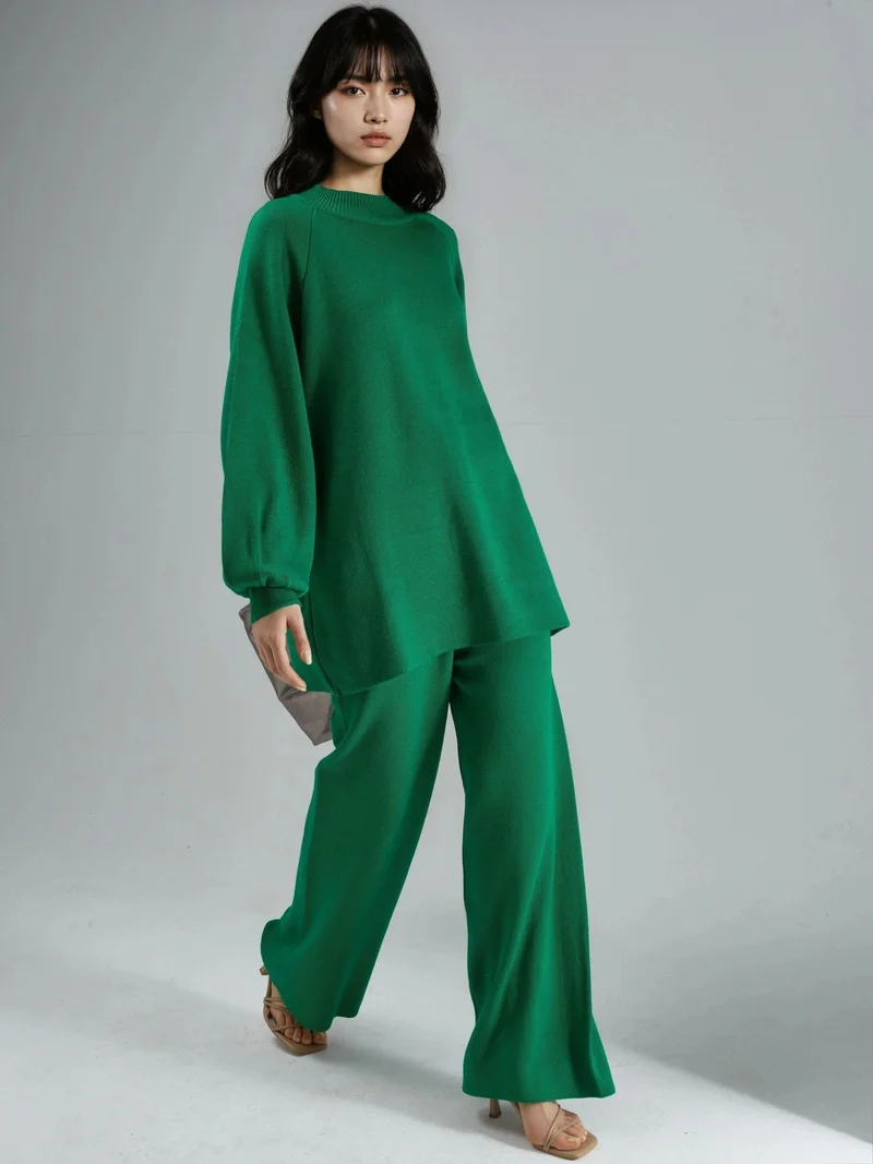 MY FASHION Pine Green MY FASHION Loose Fit Sweater & Pants Knit Co-ord Set for Women | Best Price UAE